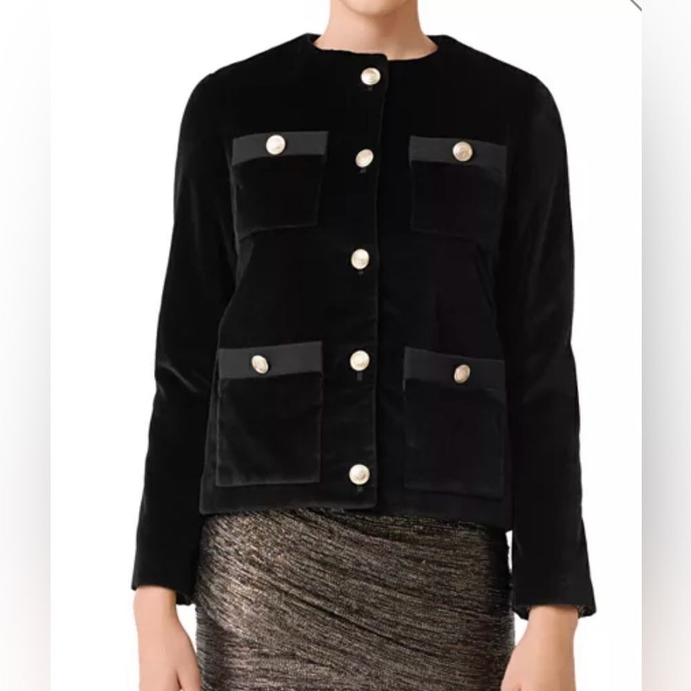Maje Benny Velvet Button-Front Slim Fit Plush Jacket In Black Size S